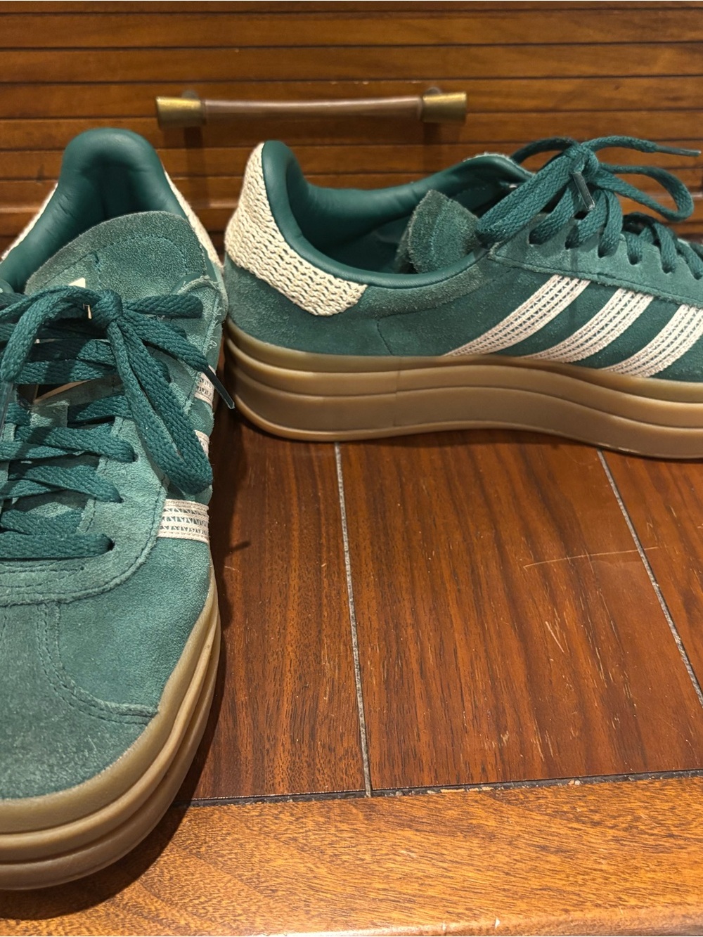 Adidas Green Suede Platform Sneakers with Cream Stripes
